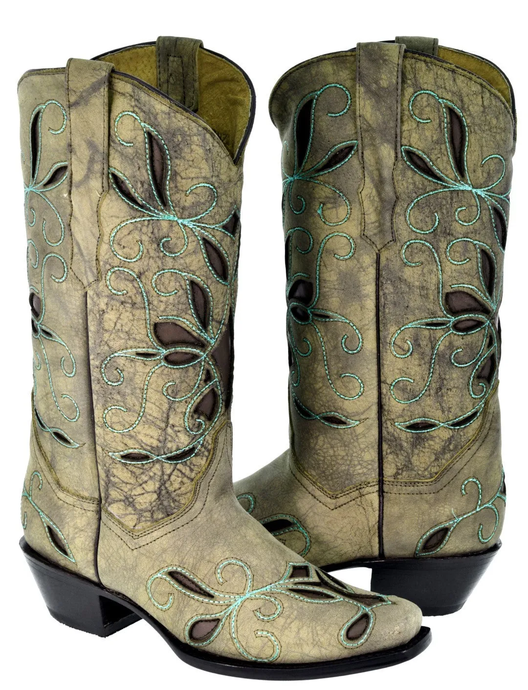 Womens Lauret Sand Cowboy Boots Floral Embroidered - Square Toe