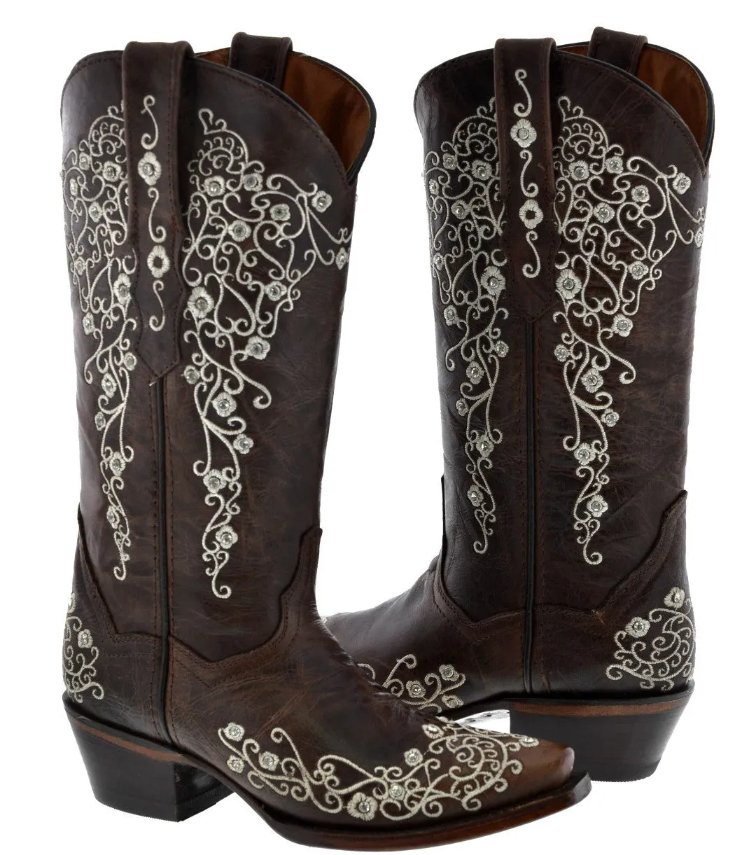 Womens Stella Brown Floral Embroidered Leather Cowboy Boots - Snip Toe