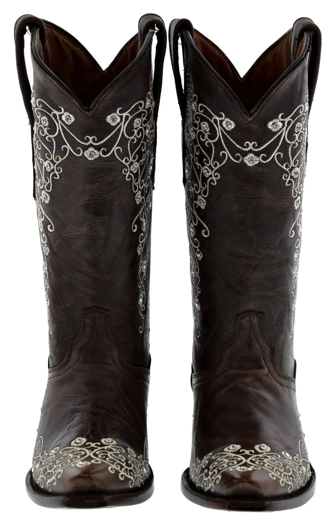 Womens Stella Brown Floral Embroidered Leather Cowboy Boots - Snip Toe