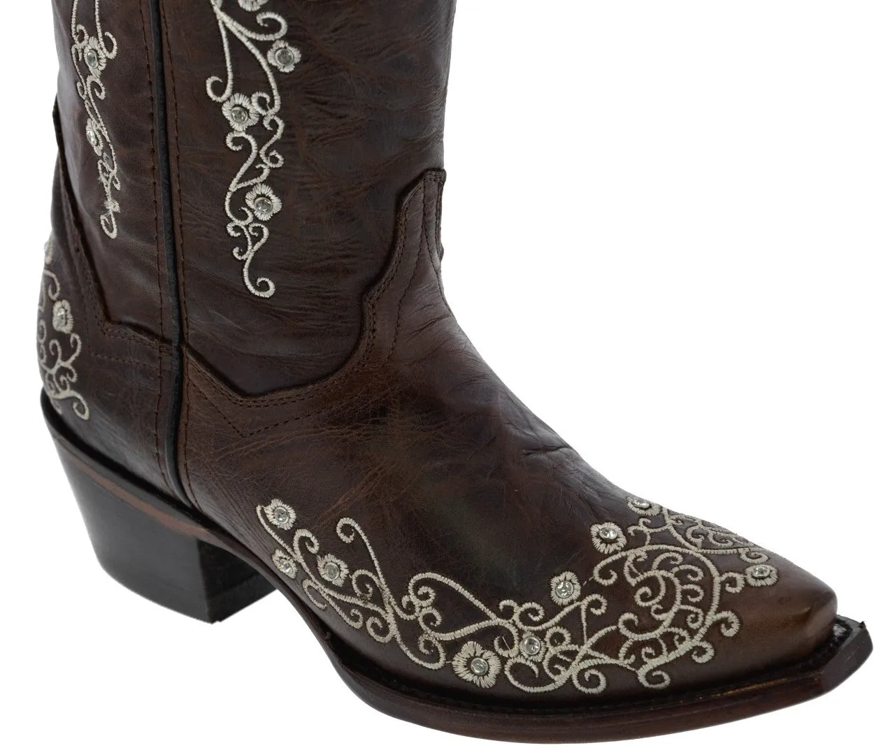 Womens Stella Brown Floral Embroidered Leather Cowboy Boots - Snip Toe