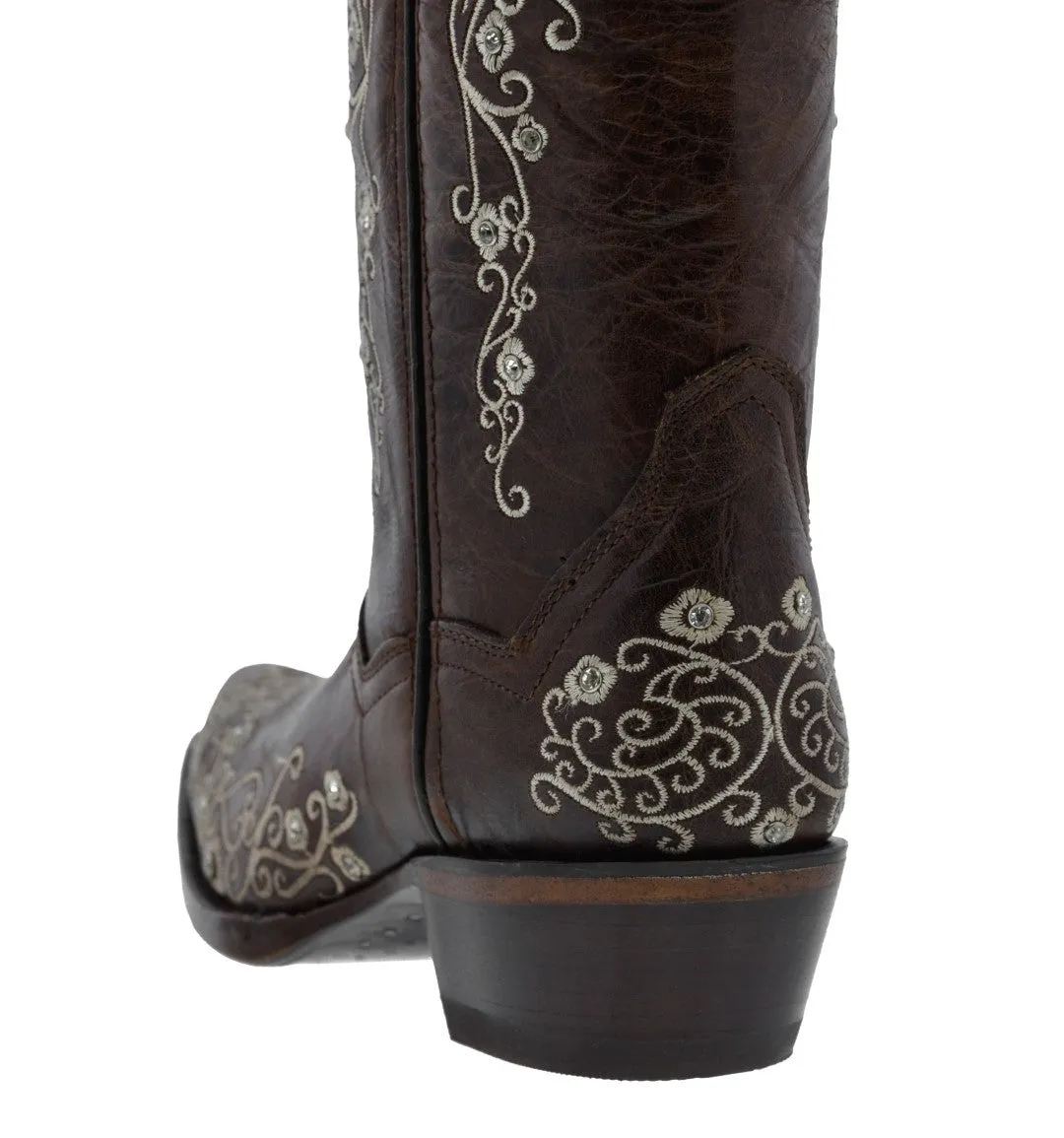 Womens Stella Brown Floral Embroidered Leather Cowboy Boots - Snip Toe