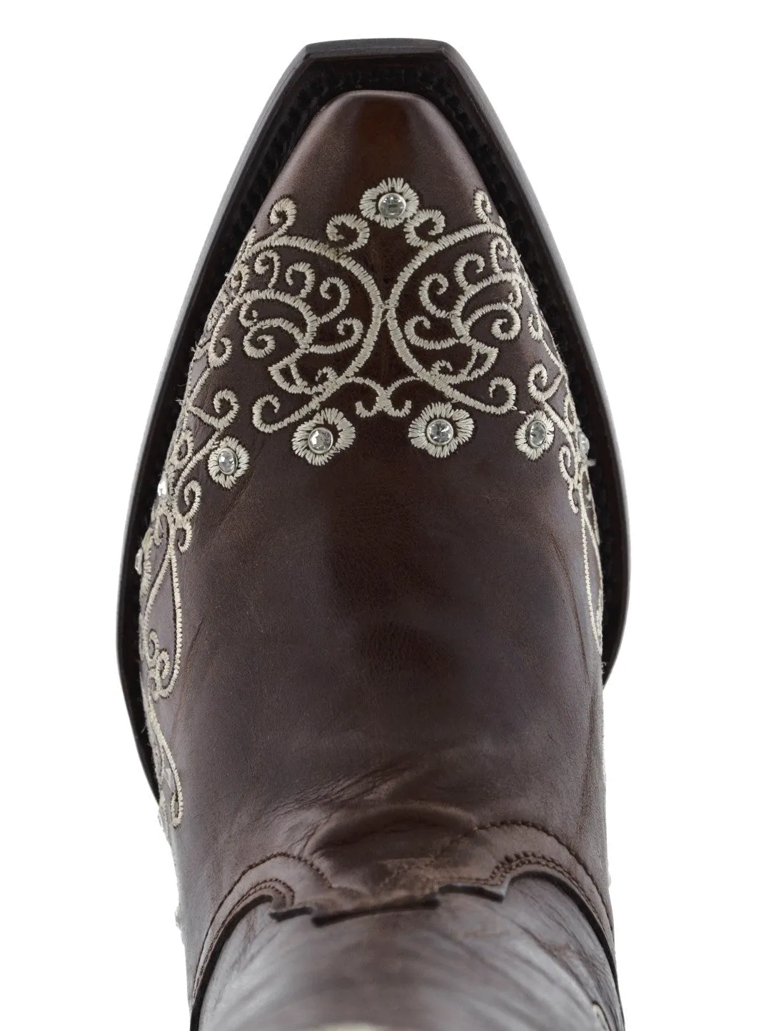 Womens Stella Brown Floral Embroidered Leather Cowboy Boots - Snip Toe